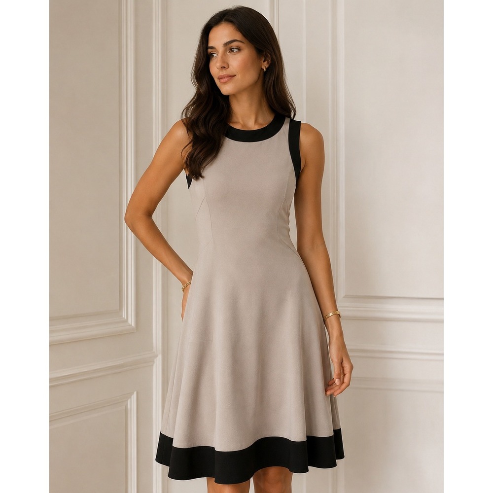 Sara Campbell Tan Black Trim Fit Flare Dress Size 4 Quiet Luxury Classic Midi